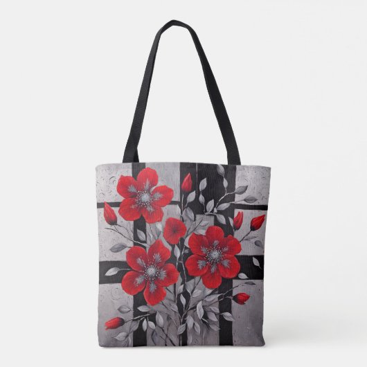 Zwarte en zilveren vierkanten met rode bloemen tote bag (Achterkant)