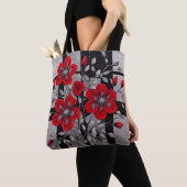 Zwarte en zilveren vierkanten met rode bloemen tote bag (Dichtbij)
