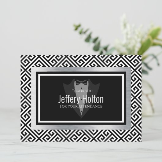 Zwarte en zilveren vrijgezellenfeest bedankkaart (Staand voorkant)