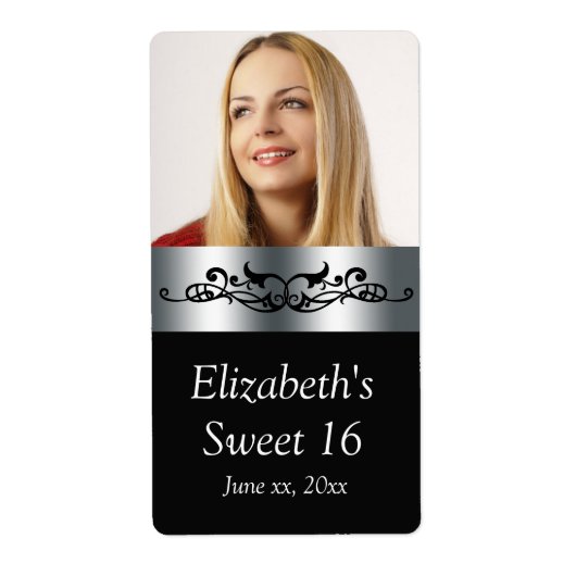Zwarte en zilveren waterlabels voor Sweet Sixteen Etiket (Voorkant)