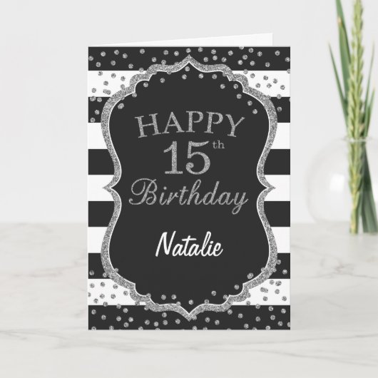 Zwarte en Zilverige Glitter 15th Birthday Card Kaart (Voorkant)