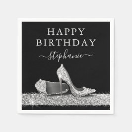 Zwarte en Zilverige glitter High Heels Birthday Servet