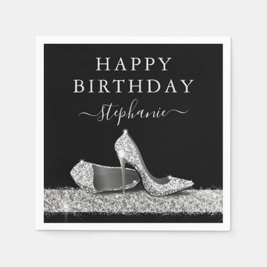 Zwarte en Zilverige glitter High Heels Birthday Servet (Voorkant)