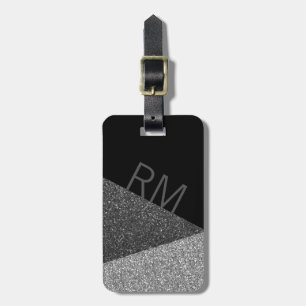 Zwarte en Zilverige Glitter Moderne Monogram Bagag Bagagelabel