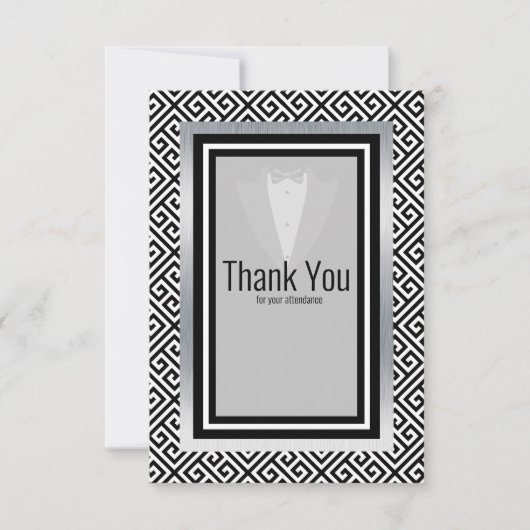 Zwarte en zilverkleurige tuxedo, formele aangepast bedankkaart (Voorkant)