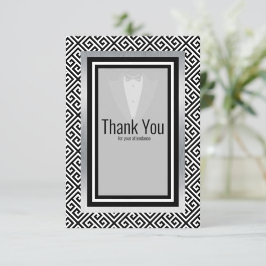 Zwarte en zilverkleurige tuxedo, formele aangepast bedankkaart (Staand voorkant)