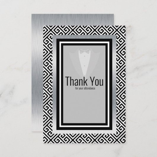 Zwarte en zilverkleurige tuxedo, formele aangepast bedankkaart (Voorkant / Achterkant)