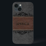 Zwarte en zwarte lederen zwarte vlinderaantjes iPhone 13 hoesje<br><div class="desc">Afbeelding van  gerijpt uiterlijk,  zwart en bruin geborduurd leder met een zwart decoratief floratief accent en aanpasbaar monogram.</div>