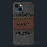 Zwarte en zwarte lederen zwarte vlinderaantjes iPhone 13 hoesje<br><div class="desc">Afbeelding van  gerijpt uiterlijk,  zwart en bruin geborduurd leder met een zwart decoratief floratief accent en aanpasbaar monogram.</div>