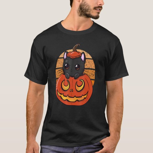 Zwarte Enge Kat Pompoen Jack O Lantern Halloween C T-shirt (Voorkant)