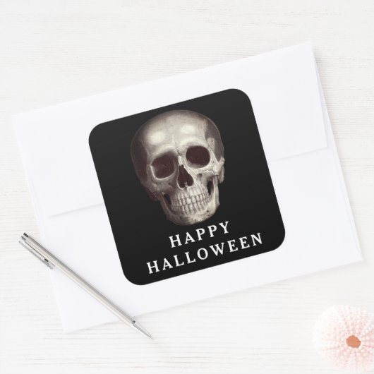Zwarte Enge Schedel Gelukkig Halloween Vierkante Sticker (Envelop)