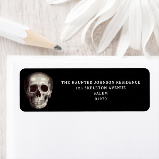 Zwarte Enge Schedel Halloween Retouradres Etiket (Insitu)