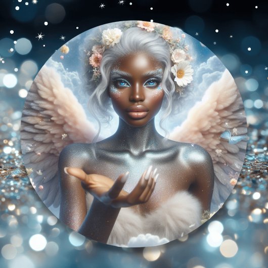 Zwarte engel met blauwe ogen ronde sticker