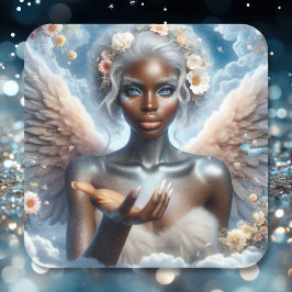 Zwarte engel met blauwe ogen vierkante sticker