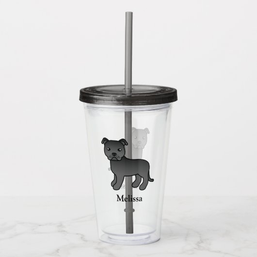 Zwarte Engelse Staffie Mopshond & Naam Acryl Drinkbeker (Voorkant)