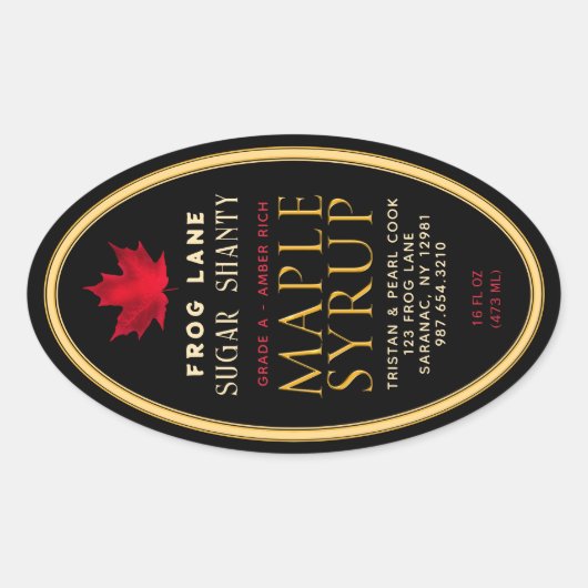 Zwarte esdoornsiroop met rood blad en rand ovale sticker (Voorkant)