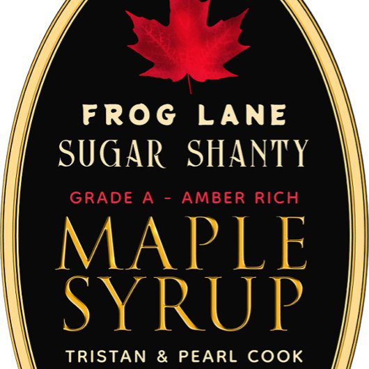 Zwarte esdoornsiroop met rood blad en rand ovale sticker