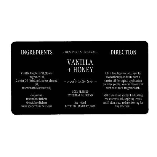 Zwarte essentiële olie Cosmetische Flessenwikkel Etiket (Voorkant)