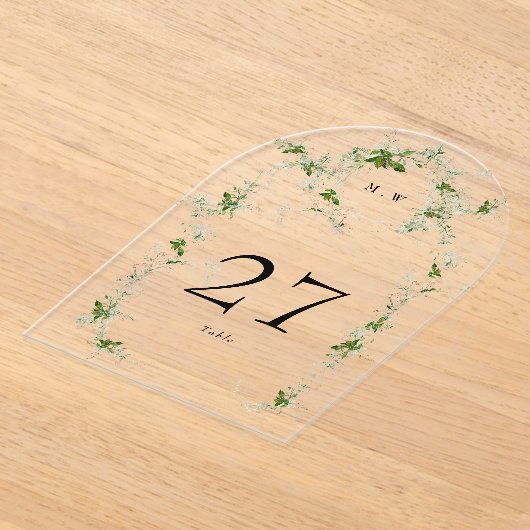 Zwarte Eucalyptus Krans Arch Acryl Tabel Nummer Acryl Uitnodigingen (Laagn)