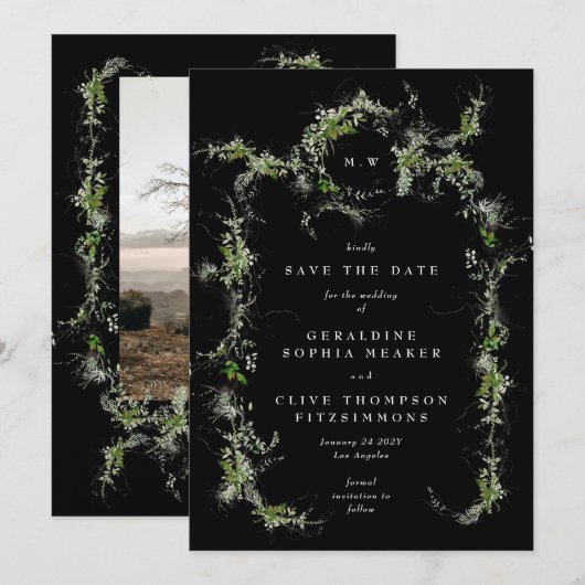 Zwarte Eucalyptus Krans Monogram Foto Huwelijk Save The Date (Voorkant / Achterkant)