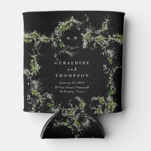 Zwarte Eucalyptus Monogram Huwelijkscadeau Premium Blikjeskoeler (Voorkant)