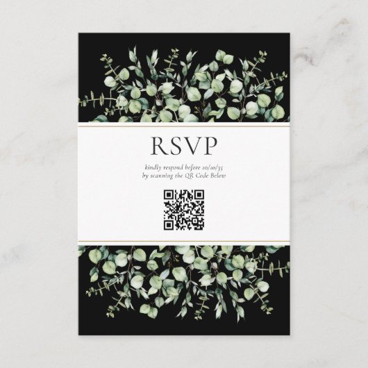 Zwarte Eucalyptus QR-code Huwelijk RSVP Informatiekaartje (Voorkant)