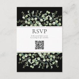 Zwarte Eucalyptus QR-code Huwelijk RSVP  Informatiekaartje