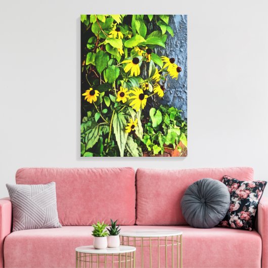 Zwarte Eyed Susans door stenen muur Canvas Afdruk (Insitu (Woonkamer))