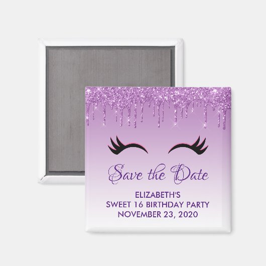 Zwarte Eyelashes en Paarse Glitter sparen de Datum Magneet (Voorkant / Achterkant)