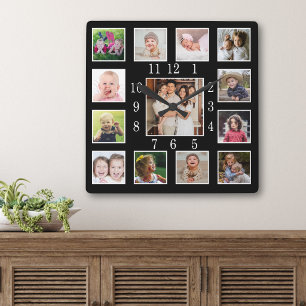Zwarte familiefotocollage met 13 foto's als aanden vierkante klok