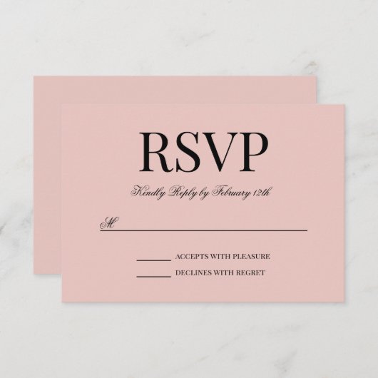 Zwarte Fancy Script Calligraphy en Blush RSVP Kaartje (Voorkant / Achterkant)