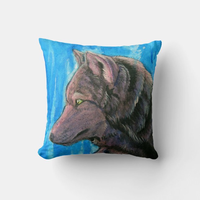 Zwarte Fantasie Wolf op Blauwe Kussen (Voorkant)
