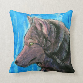 Zwarte Fantasie Wolf op Blauwe Kussen