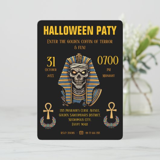 🖤 Zwarte farao-mummie uitnodiging 🎃✉️ (Staand voorkant)