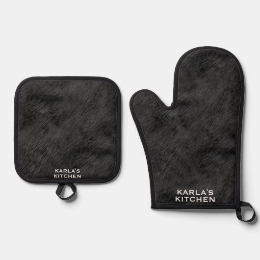 Zwarte faux bont textuur ovenwant & pannenlap set (Voorkant)