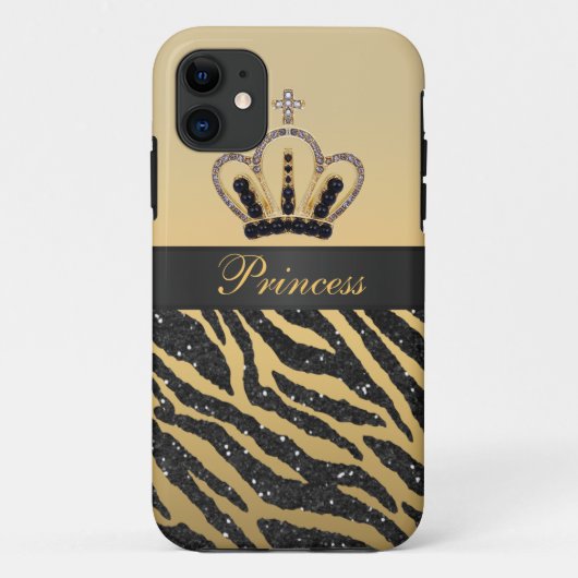 Zwarte faux Glitter Zebra Print & Jewel Crown Case-Mate iPhone Case (Achterkant)