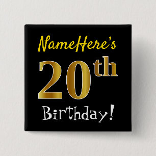 Zwarte, Faux Gold 20e verjaardag, met aangepaste n Vierkante Button 5,1 Cm