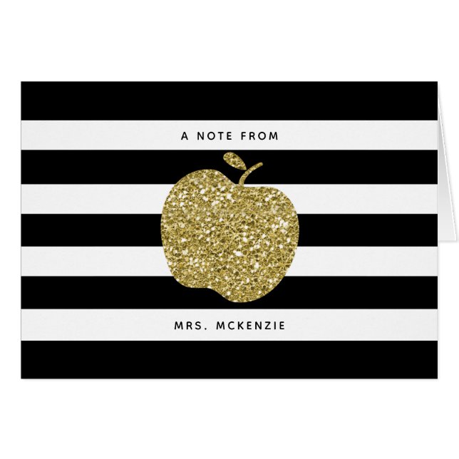 Zwarte & Faux Gold Glitter Apple Teacher Notecards (Voorkant Horizontaal)