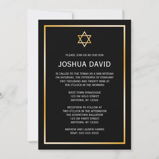 Zwarte Faux Gold Star van David Bar Mitzvah Kaart (Voorkant)
