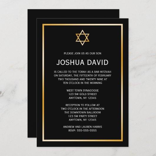 Zwarte Faux Gold Star van David Bar Mitzvah Kaart (Voorkant / Achterkant)