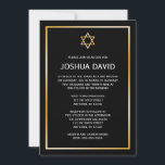 Zwarte Faux Gold Star van David Bar Mitzvah Kaart<br><div class="desc">Een klassieke Bar Mitzvah-uitnodiging met een Star van David-design in faux goud en zwart. Moderne en formele uitnodigingen die eenvoudig voor uw evenement kunnen worden gepersonaliseerd. Design zijn platte afgedrukte illustraties/afbeeldingen - NIET EIGENLIJK GOLD FOIL.</div>