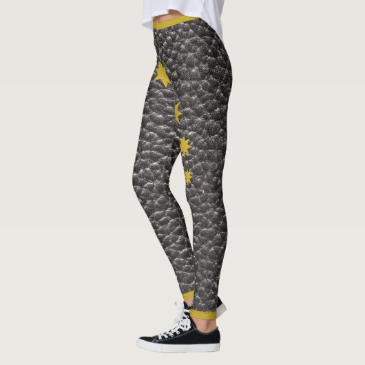 Zwarte Faux Lederen Textuur Gouden Sterren Trendy Leggings (Links)