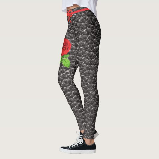 Zwarte Faux Lederen Textuur Roos Trendy Mode Leggings (Links)