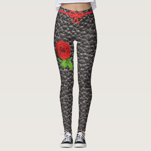 Zwarte Faux Lederen Textuur Roos Trendy Mode Leggings (Voorkant)