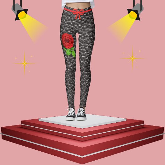 Zwarte Faux Lederen Textuur Roos Trendy Mode Leggings