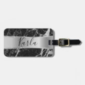 Zwarte faux Marble & Metallic Silver Bagagelabel (Voorkant horizontaal)