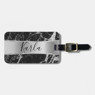 Zwarte faux Marble & Metallic Silver Bagagelabel