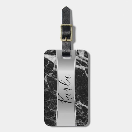 Zwarte faux Marble & Metallic Silver Bagagelabel (Voorkant verticaal)