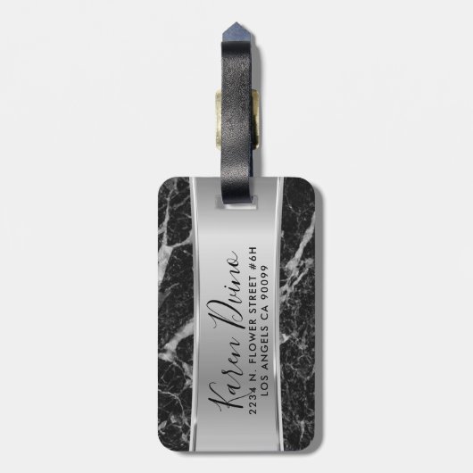 Zwarte faux Marble & Metallic Silver Bagagelabel (Achterkant verticaal)