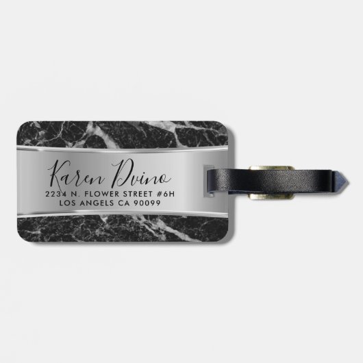 Zwarte faux Marble & Metallic Silver Bagagelabel (Achterkant horizontaal)